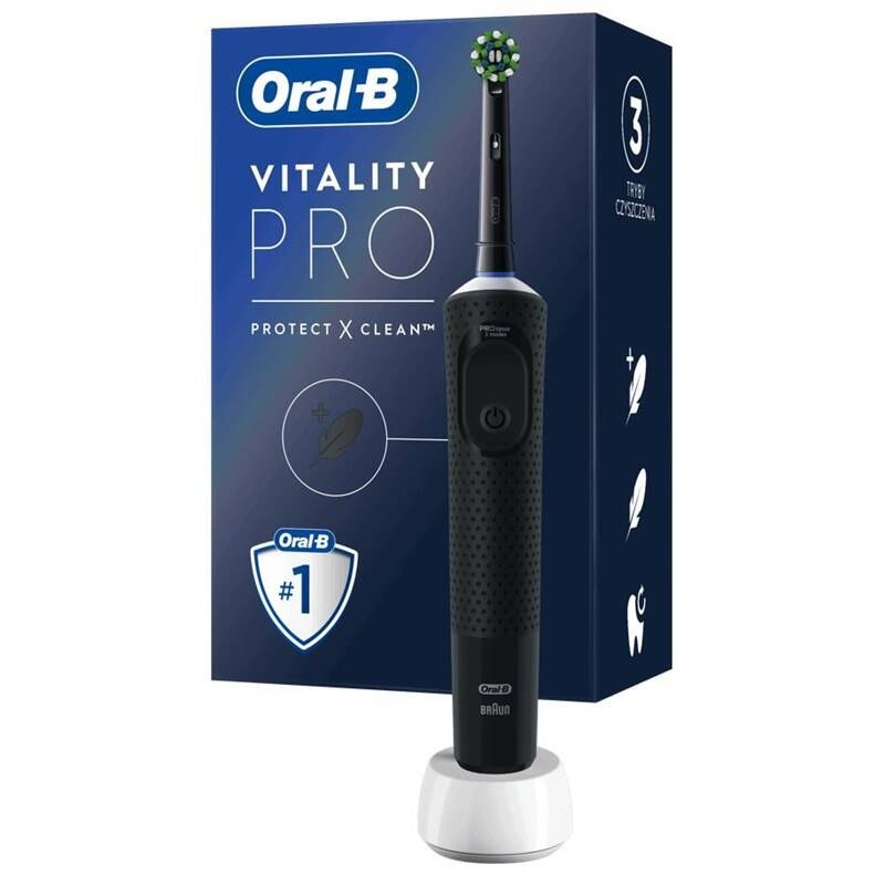 Zubná kefka Oral-B Vital >
                                <p>Cesta k<strong>žiarivo bielym zubom a dokonale zdravým ďasnám</strong> je jednoduchšia, než ste si mysleli. Okrem pravidelného čistenia zubov je na nej ale dôležitá ešte jedna vec – <strong>kvalitná kefka</strong>, ako je <strong>Vitality PRO Protect X D103</strong> od firmy <strong>Oral-B</strong>. Vďaka inovatívnej <strong>2D technológii</strong> čistenie zubov je mimoriadne <strong>efektívne</strong> a skvele odstraňuje zubný povlak zásluhou kombinácie <strong>osciláciou a rotáciou</strong>.</p><br>
                                <p>Jeho guľatá hlava sa pritom skvele prispôsobí tvaru každého jedného zuba, aby ho precízne vyčistila, a k najlepším výsledkom čistenia vám pomôže aj praktický <strong>2-minútový časovač</strong> alebo hneď <strong>tri špeciálne čistiace programy</strong> .</p><br>
                                <p> </p><br><h3 style=